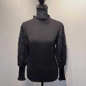 Sioni Black Sweater Long Sheer Lace Silver Bead Embellish Luxurious Whimsigoth M